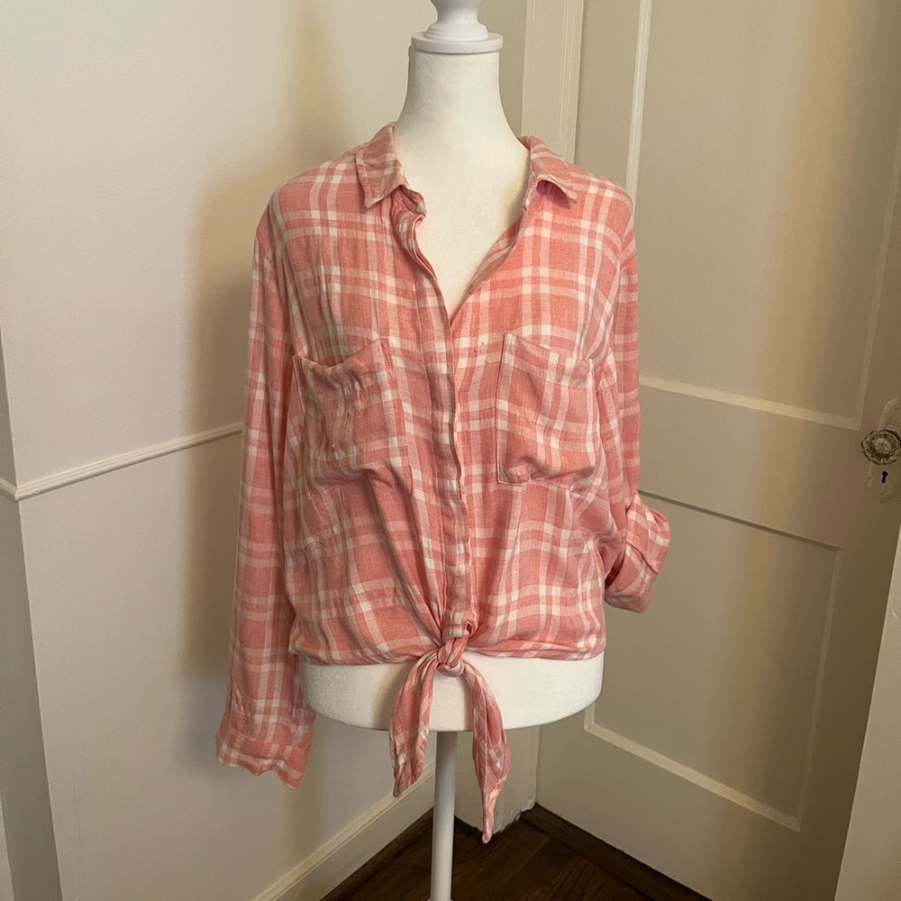 Bella Dahl Plaid Pink Tie-Front Women's Top